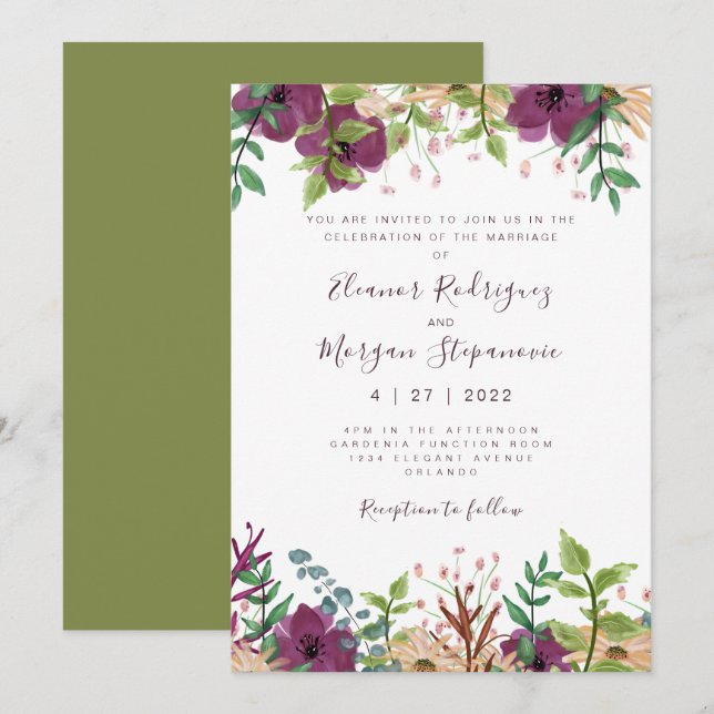 Moder purple floral green wedding invitation (Front/Back)