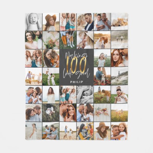 Modern 100th birthday multi photo script gift fleece blanket