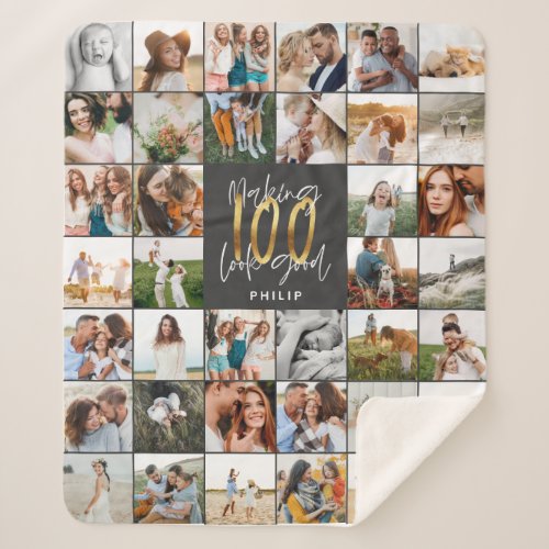 Modern 100th birthday multi photo script gift  sherpa blanket
