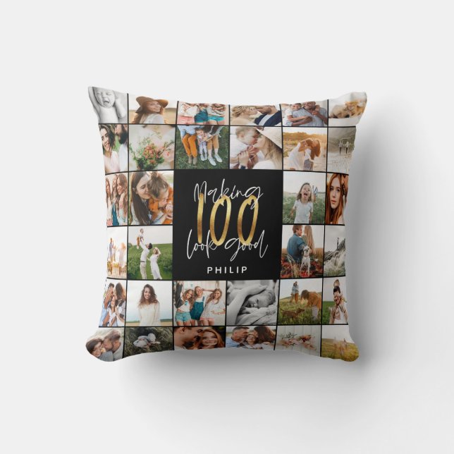 Modern 100th birthday multi photo script gift throw pillow (Front)