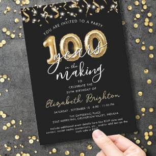 Modern 100th Birthday Script Balloon Streamers Invitation