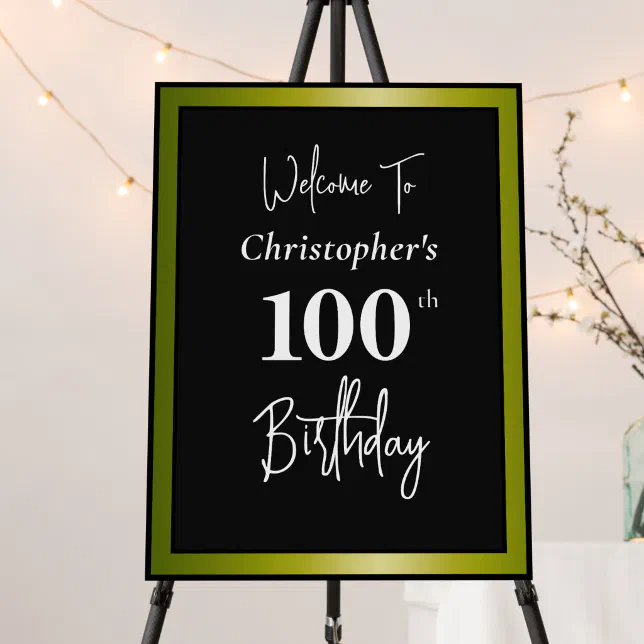 Modern 100th Birthday Welcome Sign Black and Gold | Zazzle