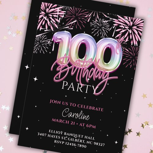 Modern 100th Pink Foil Balloon Fireworks Birthday Invitation