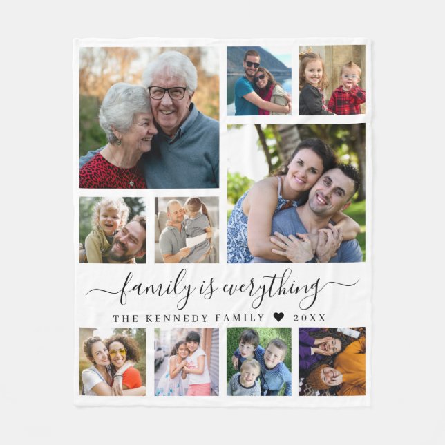 Modern 10 Photo Collage Family Name Quote White Fleece Blanket (Front)