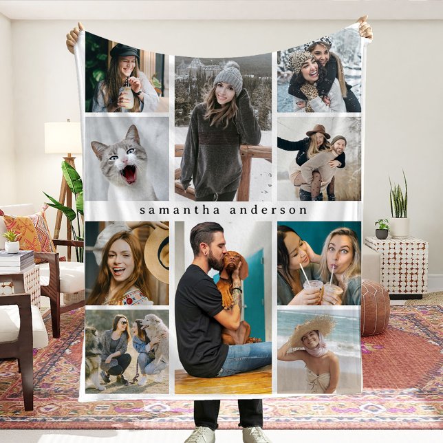 Modern 10 Photo Collage Personalized Keepsake Fleece Blanket (Creator Uploaded)
