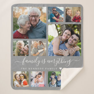 Modern 10 Photo Collage Quote Family Name Gray Sherpa Blanket