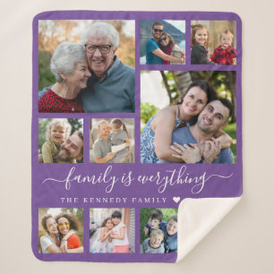 Modern 10 Photo Collage Quote Family Name Purple Sherpa Blanket