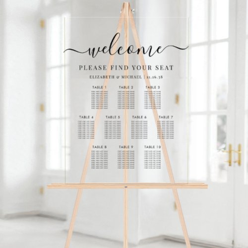 Modern 10 Table Wedding Seating Clear Acrylic Sign