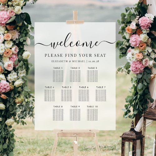 Modern 10 Table Wedding Seating Frosted Acrylic Sign