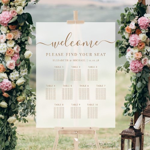 Modern 10 Table Wedding Seating Gold Frosted Acrylic Sign