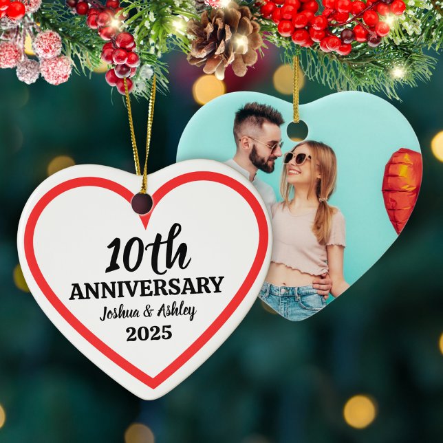 Modern 10th Anniversary Custom Photo Red Heart Ceramic Ornament (Modern 10th Anniversary Custom Photo Red Heart Ceramic Ornament)