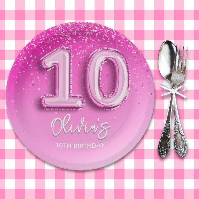 Modern 10th Birthday Girl Pink Number Balloon Paper Plates (Creator Uploaded)