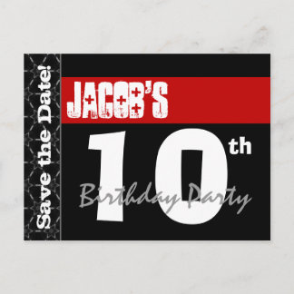 Modern 10th Birthday Save the Date Red Black V001 Announcement Postcard