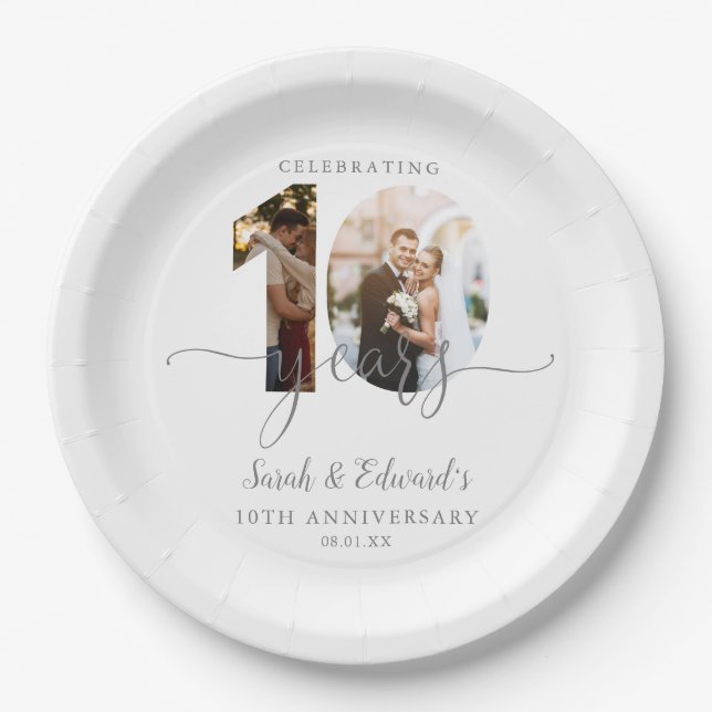 Modern 10th Wedding Anniversary 2 Photo Paper Plates (Front)