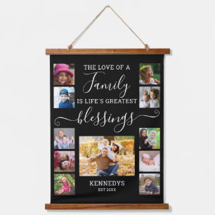Modern 11 Photo Collage Family Love Quote Black Hanging Tapestry