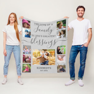 Modern 11 Photo Collage Family Love Quote Gray Fleece Blanket