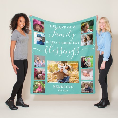 Modern 11 Photo Collage Family Love Quote Teal Fleece Blanket