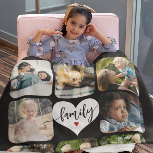 Modern 11 photo collage family script personalized fleece blanket
