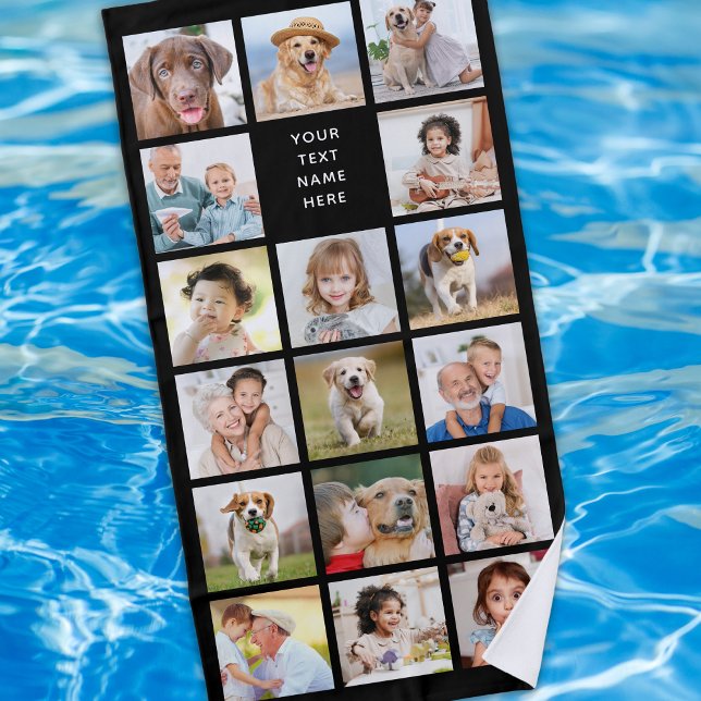 Modern 11 Photo Collage Personalized Black Beach Towel (Creator Uploaded)