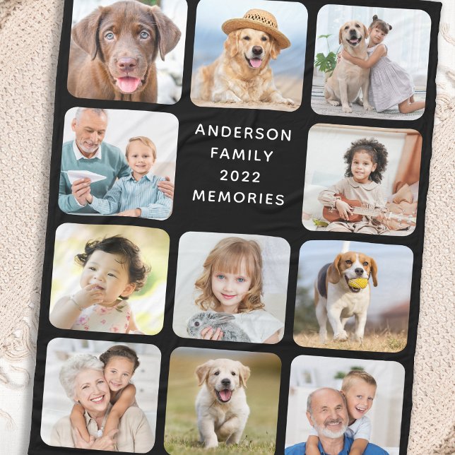 Modern 11 Photo Collage Personalized Black Fleece Blanket (Creator Uploaded)