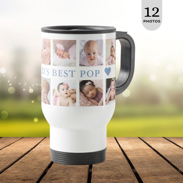 Modern 12 Photo Collage Blue World's Best Pop Travel Mug (Creator Uploaded)