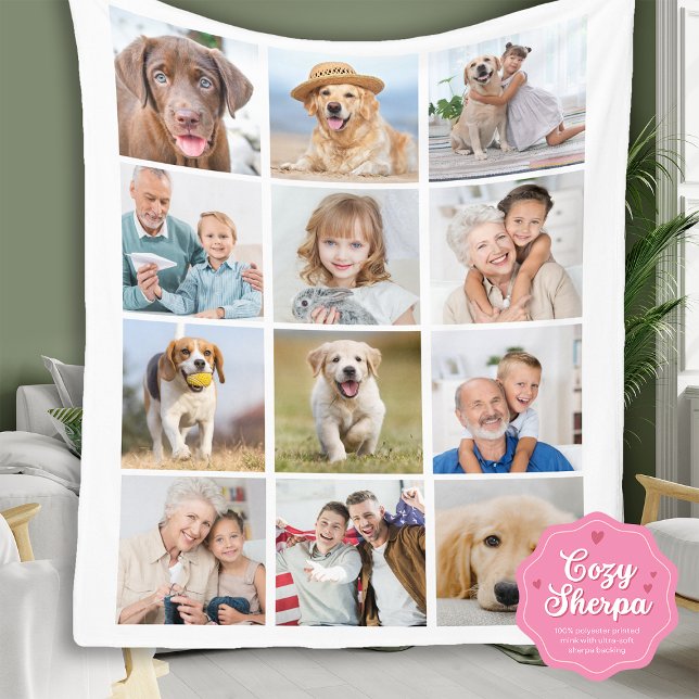 Modern 12 Photo Collage Custom Family Friends Pets Sherpa Blanket (Creator Uploaded)