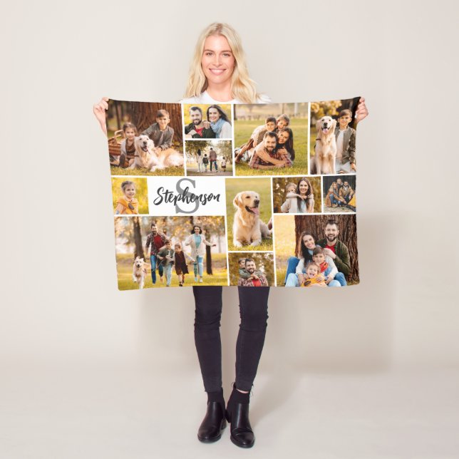 Modern 12 Photo Collage Script Name Monogram Fleece Blanket (In Situ)