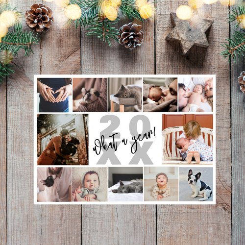 Modern 12 Photo Collage What A Year Pine Holiday Card