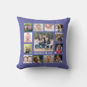 Modern 13 Family Photo Collage Periwinkle Striped Throw Pillow