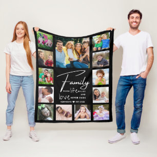 Modern 13 Photo Collage Family Quote Name Black Fleece Blanket