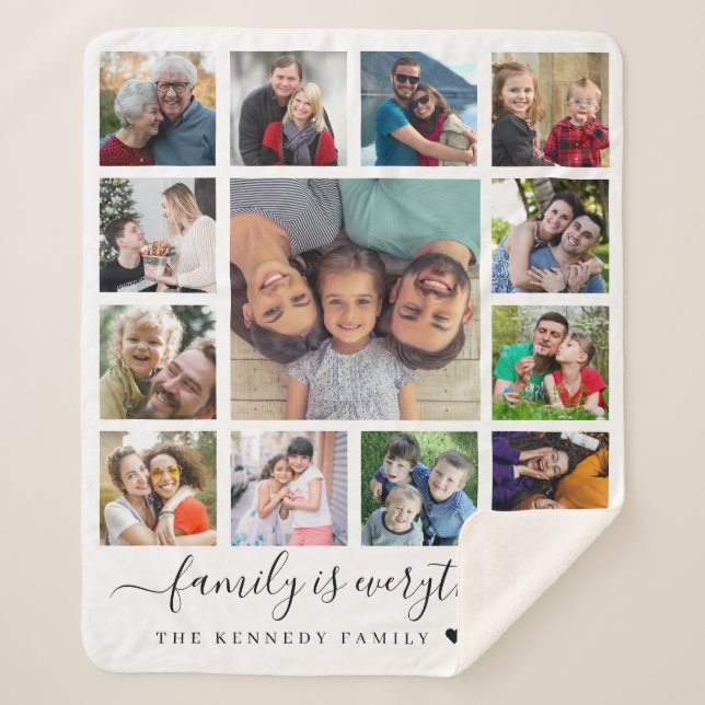 Modern 13 Photo Collage Quote Family Name  Sherpa Blanket (Front)