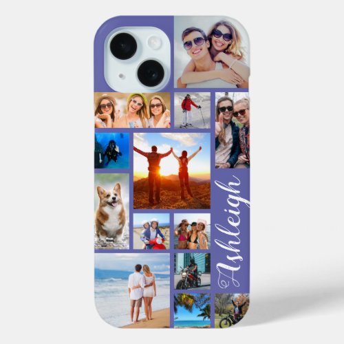Modern 13 Photo Collage Script Name Custom Color iPhone 15 Case