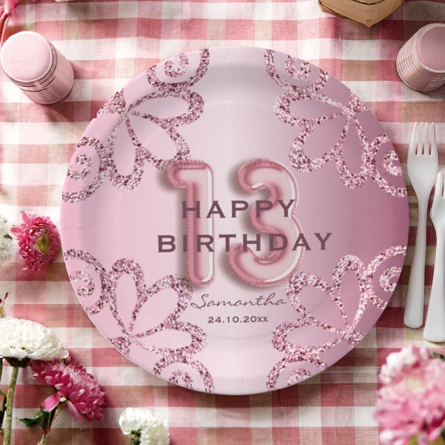 Modern 13th Birthday Pink Balloon & Glitter Paper Plates (Creator Uploaded)
