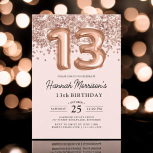 Modern 13th Birthday Rose Gold Balloons Party Invitation