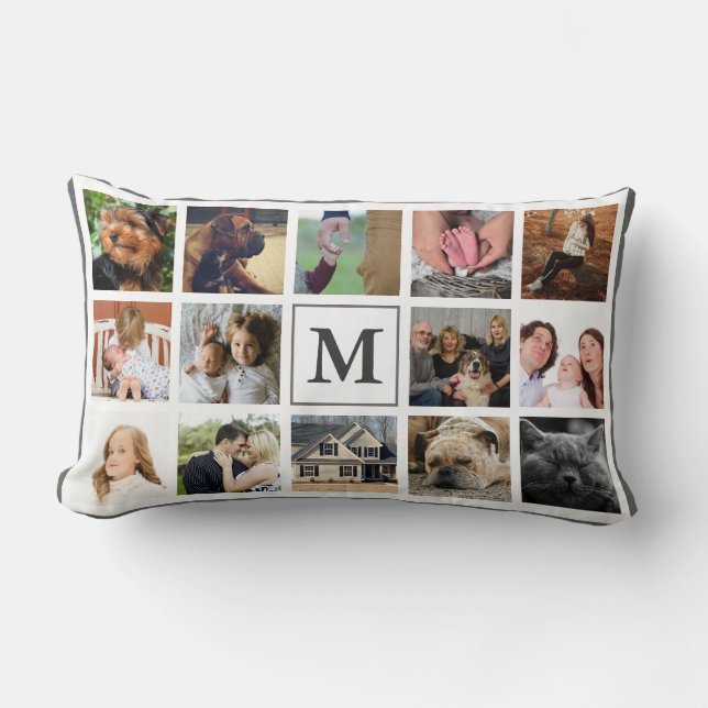 Modern 14 Photo Monogram & Family Name Lumbar Pillow (Front)