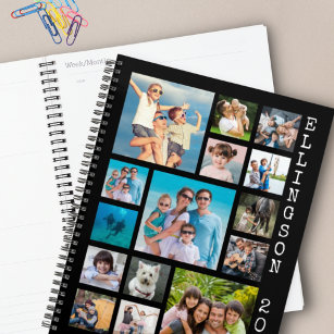 Modern 15 Photo Collage Family Black Personalized Planner