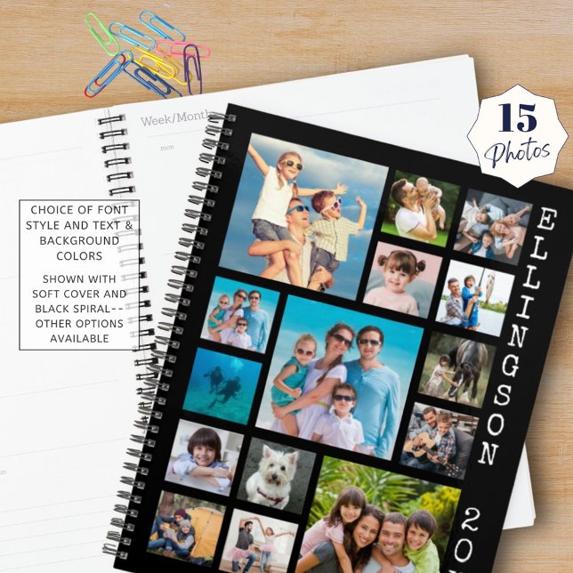 Modern 15 Photo Collage Family Black Personalized Planner (Creator Uploaded)