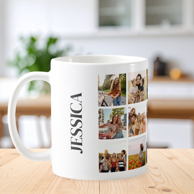 Modern 15 Photo Collage Monogram Name Coffee Mug (Creator Uploaded)
