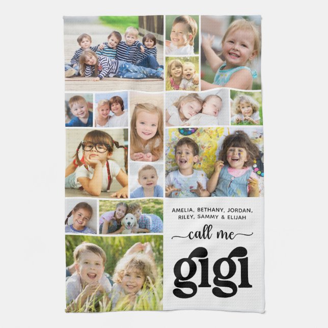 Modern 15 Photo Collage Names Call Me Gigi Kitchen Towel (Vertical)