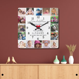 Modern 16 Photo Collage Frame Grandchildren Quote Square Wall Clock