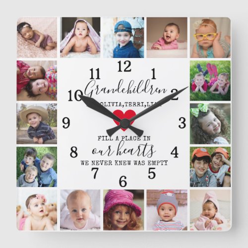 Modern 16 Photo Collage Frame Grandchildren Quote Square Wall Clock