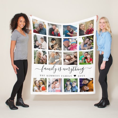 Modern 16 Photo Collage Quote Family Name    Fleece Blanket