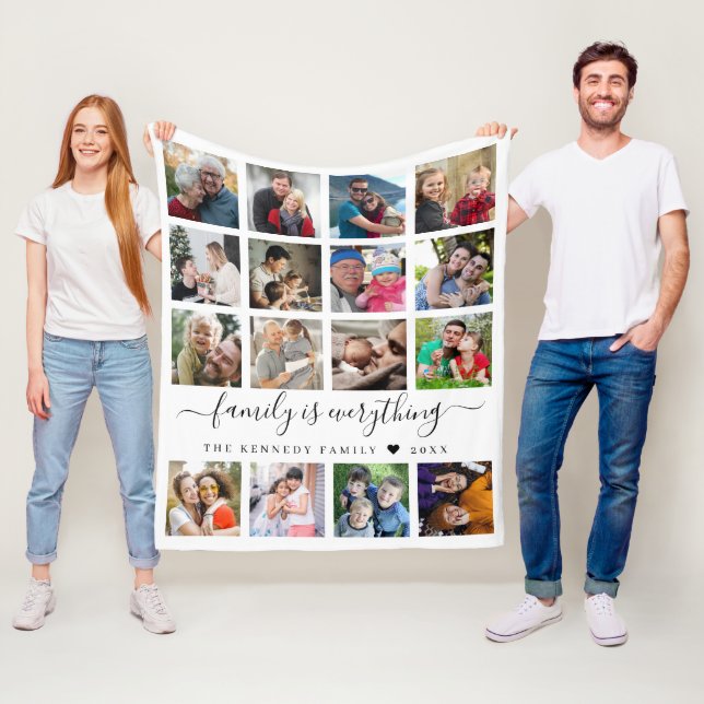 Modern 16 Photo Collage Quote Family Name    Fleece Blanket (In Situ)