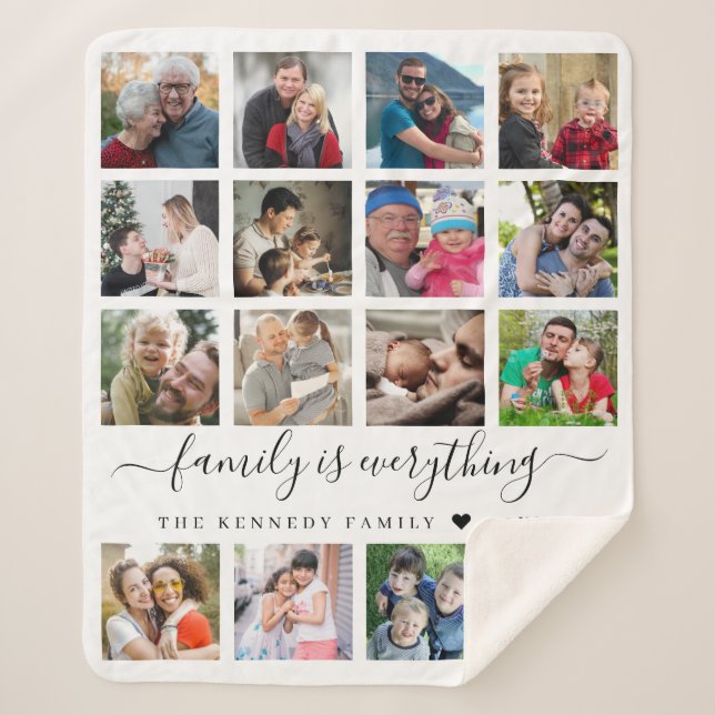 Modern 16 Photo Collage Quote Family Name  Sherpa Blanket (Front)