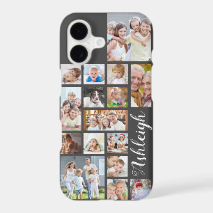 Modern 16 Photo Collage Script Name Custom Color iPhone 17 Case