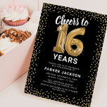 Modern 16th Birthday Black Gold Invitation<br><div class="desc">Elegant 16th birthday party invitation featuring a stylish black background that can be changed to any color,  gold sparkly glitter,  sixteen gold hellium balloons,  and a modern 16th birthday celebration text template that is easy to personalize.</div>