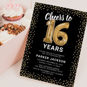 Modern 16th Birthday Black Gold Invitation