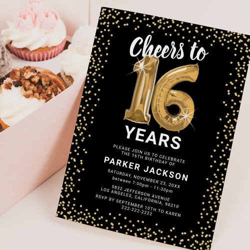 Modern 16th Birthday Black Gold Invitation
