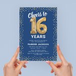 Modern 16th Birthday Blue Gold Invitation<br><div class="desc">Elegant 16th birthday party invitation featuring a trendy blue background that can be changed to any color,  gold sparkly glitter,  sixteen gold hellium balloons,  and a modern 16th birthday celebration text template that is easy to personalize.</div>