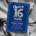 Modern 16th Birthday Blue Silver Invitation<br><div class="desc">Elegant 16th birthday party invitation featuring a trendy blue background that can be changed to any color,  silver sparkly glitter,  sixteen silver hellium balloons,  and a modern 16th birthday celebration text template that is easy to personalize.</div>